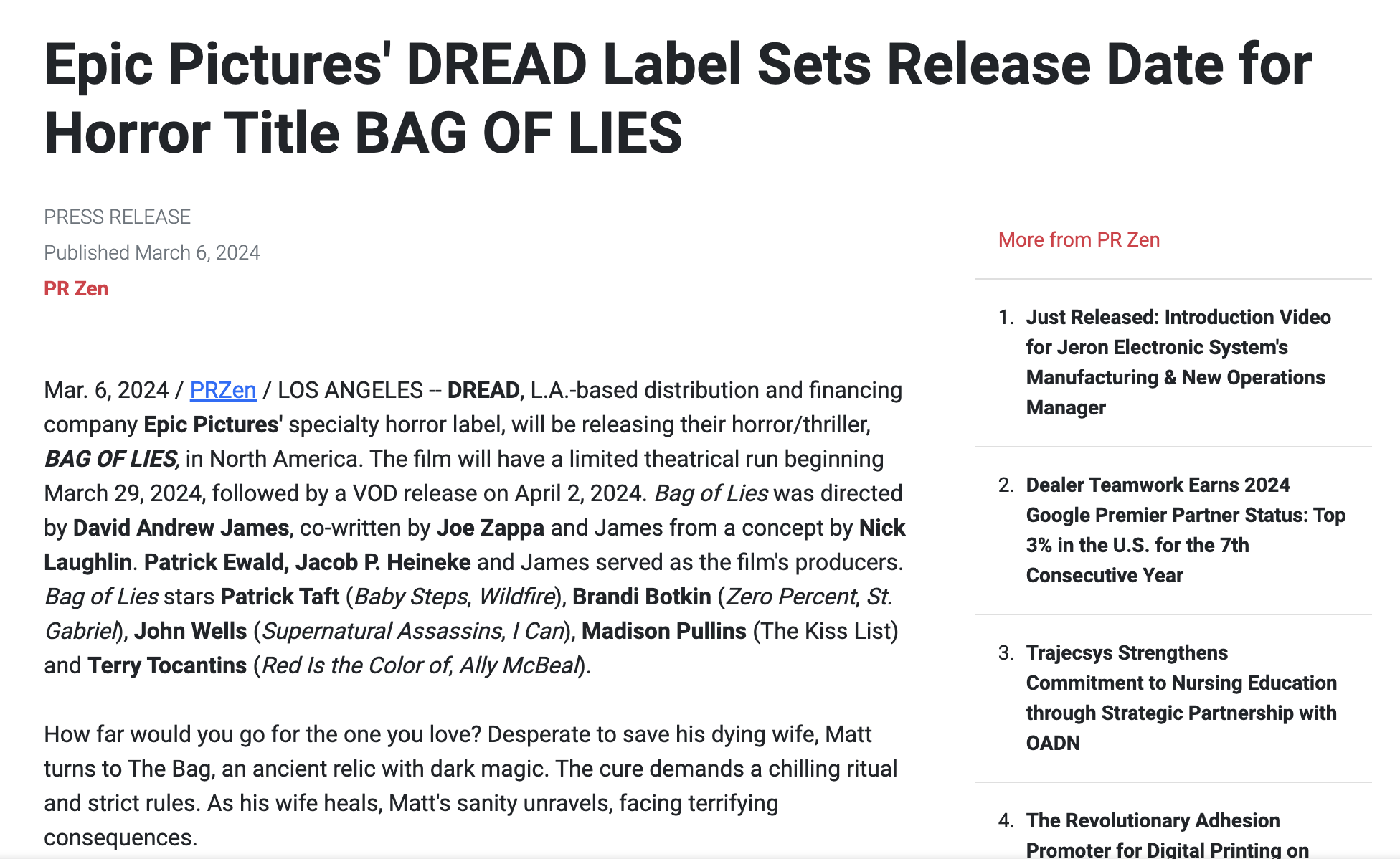 Epic Pictures' DREAD Label Sets Release Date for Horror Title BAG OF LIES  Read more: https://www.digitaljournal.com/pr/news/pr-zen/epic-pictures-dread-label-sets-1365768618.html#google_vignette#ixzz8VXJykrpk